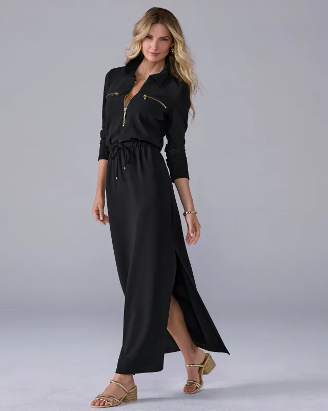 Beyond Travel Ruched Sleeve Maxi Dress Jet Black sold by Boston Proper