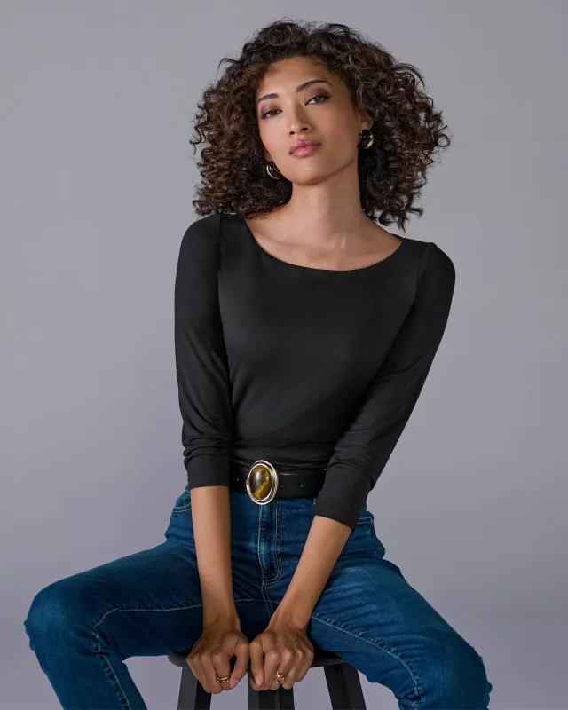 So Effortless Boat Neck 3/4 Sleeve Knit Top Proper Black sold by Boston Proper