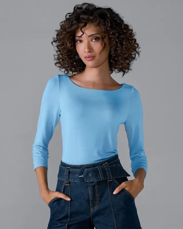 So Effortless Boat Neck 3/4 Sleeve Knit Top Airy Blue sold by Boston Proper