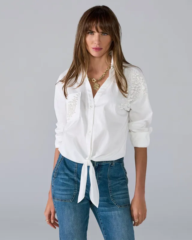 Pearl Embellished Button Up Shirt White sold by Boston Proper