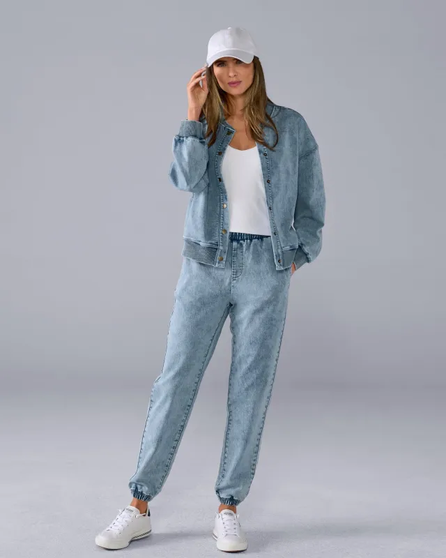 Denim Wash Bomber Jacket and Jogger Set Blue sold by Boston Proper