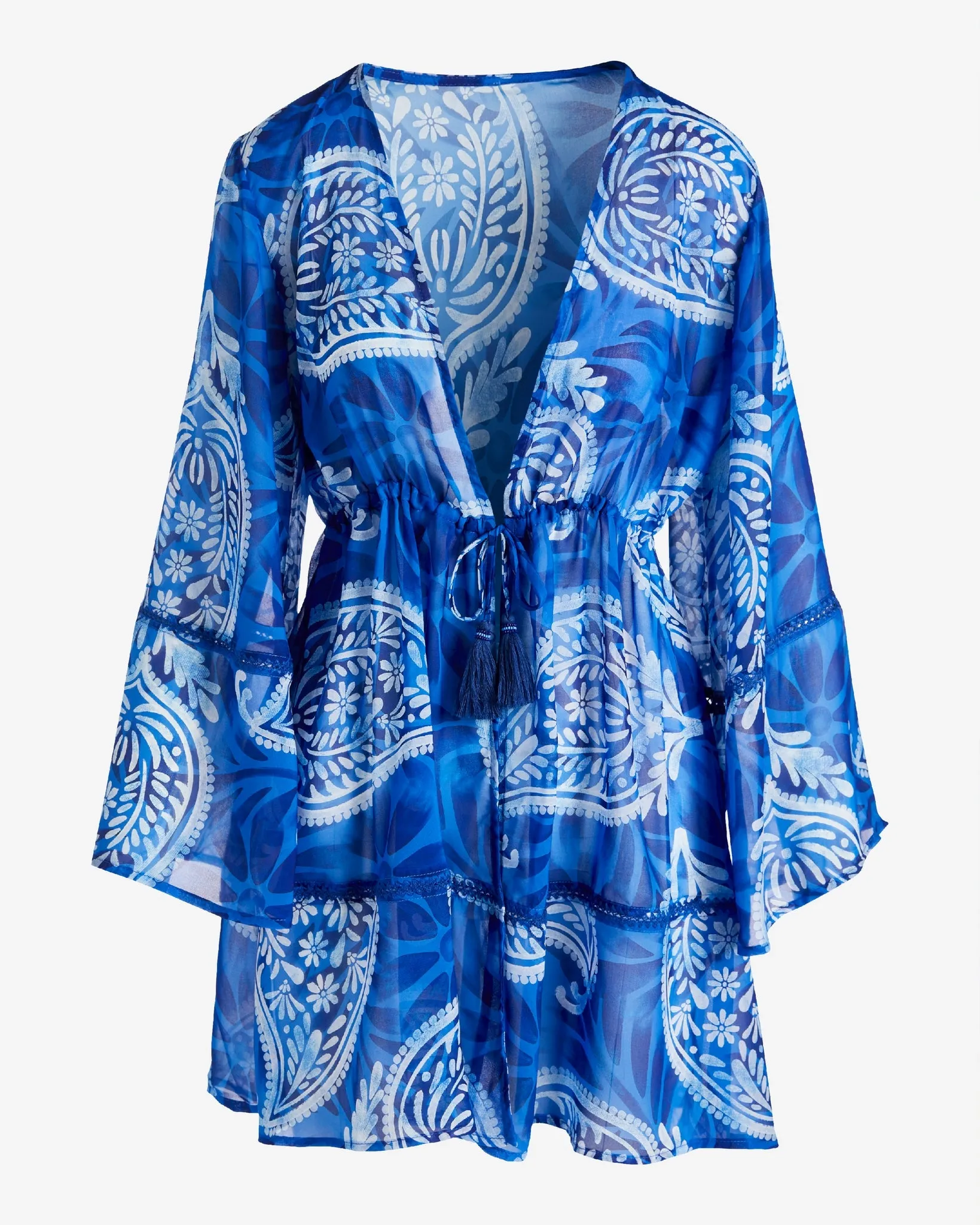 Tie Waist Flare Sleeve Printed Coverup Blue White sold by Boston Proper product image thumbnail 2