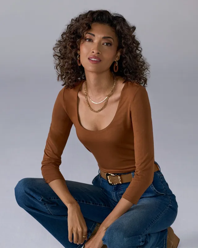 So Effortless Three Quarter Sleeve Scoop Neck Top Tortoise Shell sold by Boston Proper