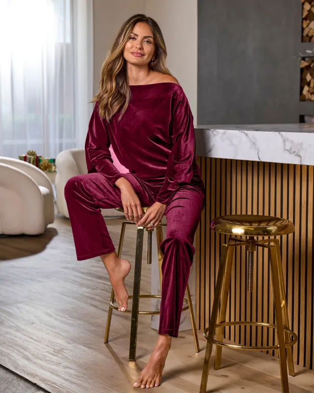 Chic Velour Slouchy and Wide Leg Lounge Set Wine made by Boston Proper