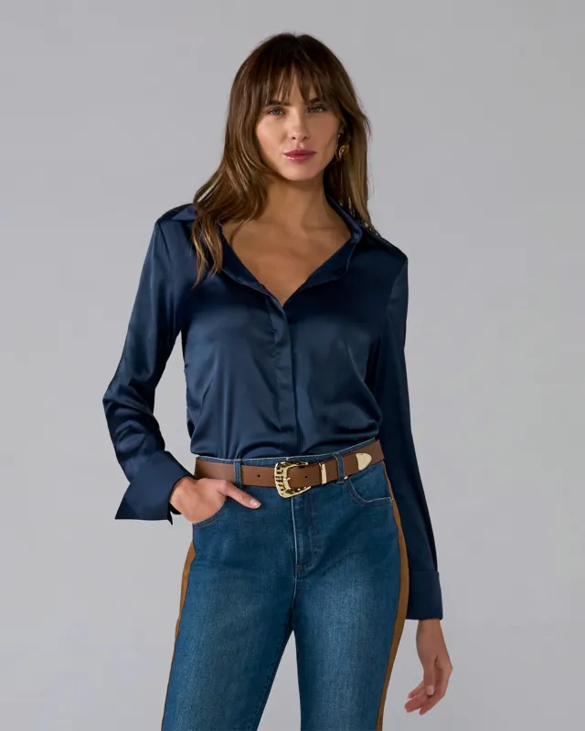 Sophia Button-Up Charmeuse Blouse Navy sold by Boston Proper