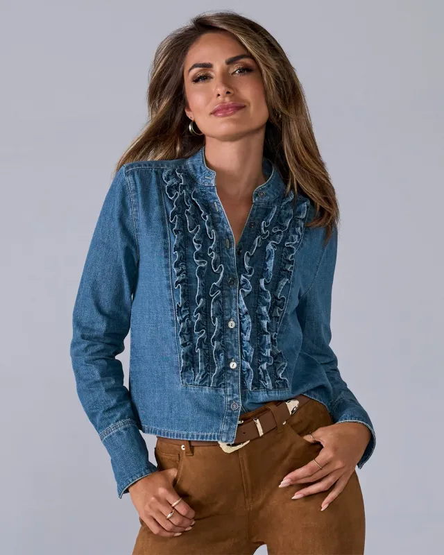Ruffled Denim Woven Blouse Blue Multi sold by Boston Proper