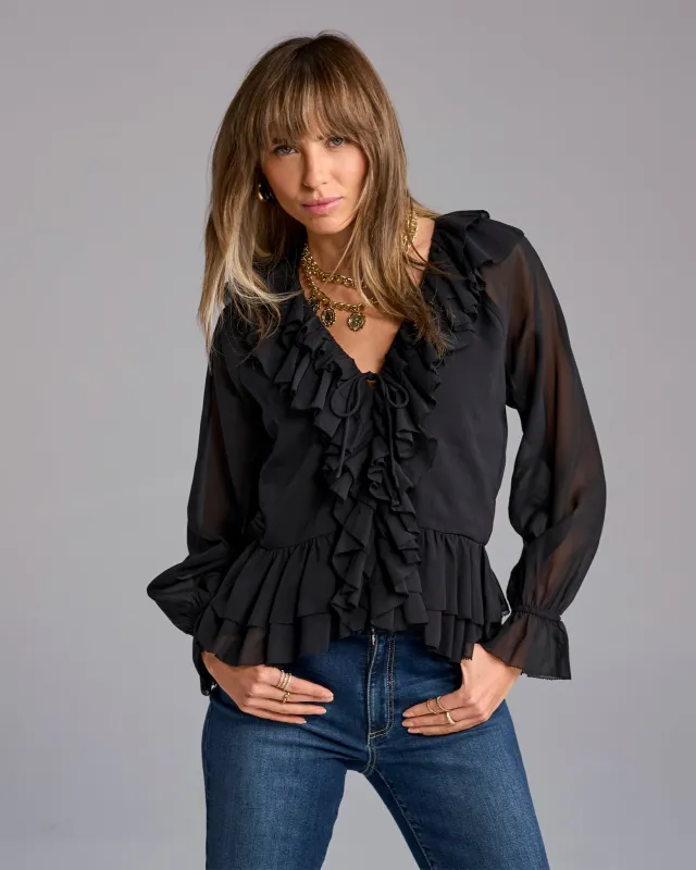 Ruffle Peplum Blouse Black made by Boston Proper