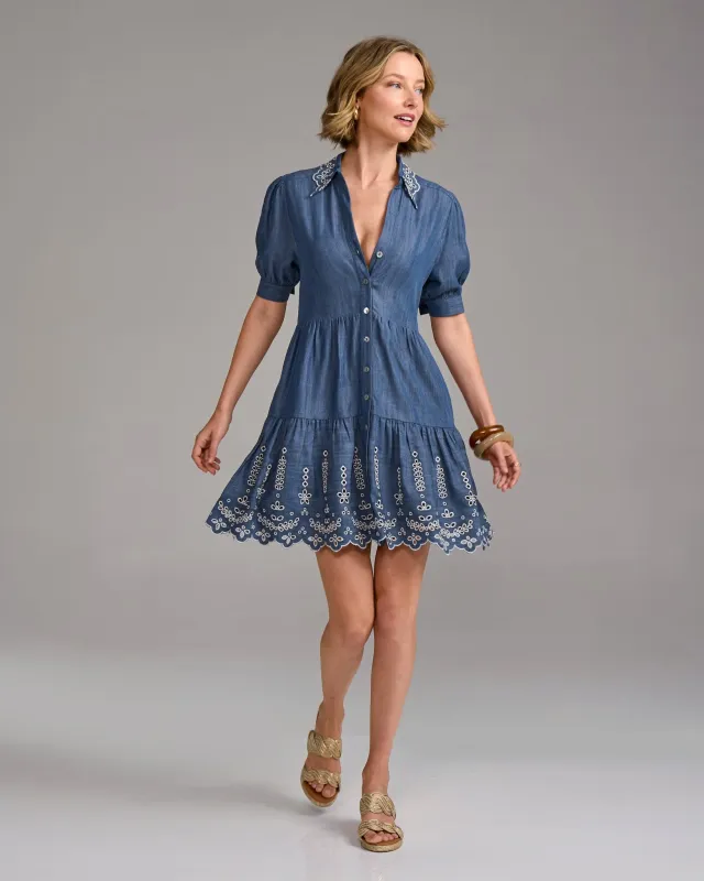 Puff Sleeve Tiered Eyelet Shirt Dress Medium Wash sold by Boston Proper