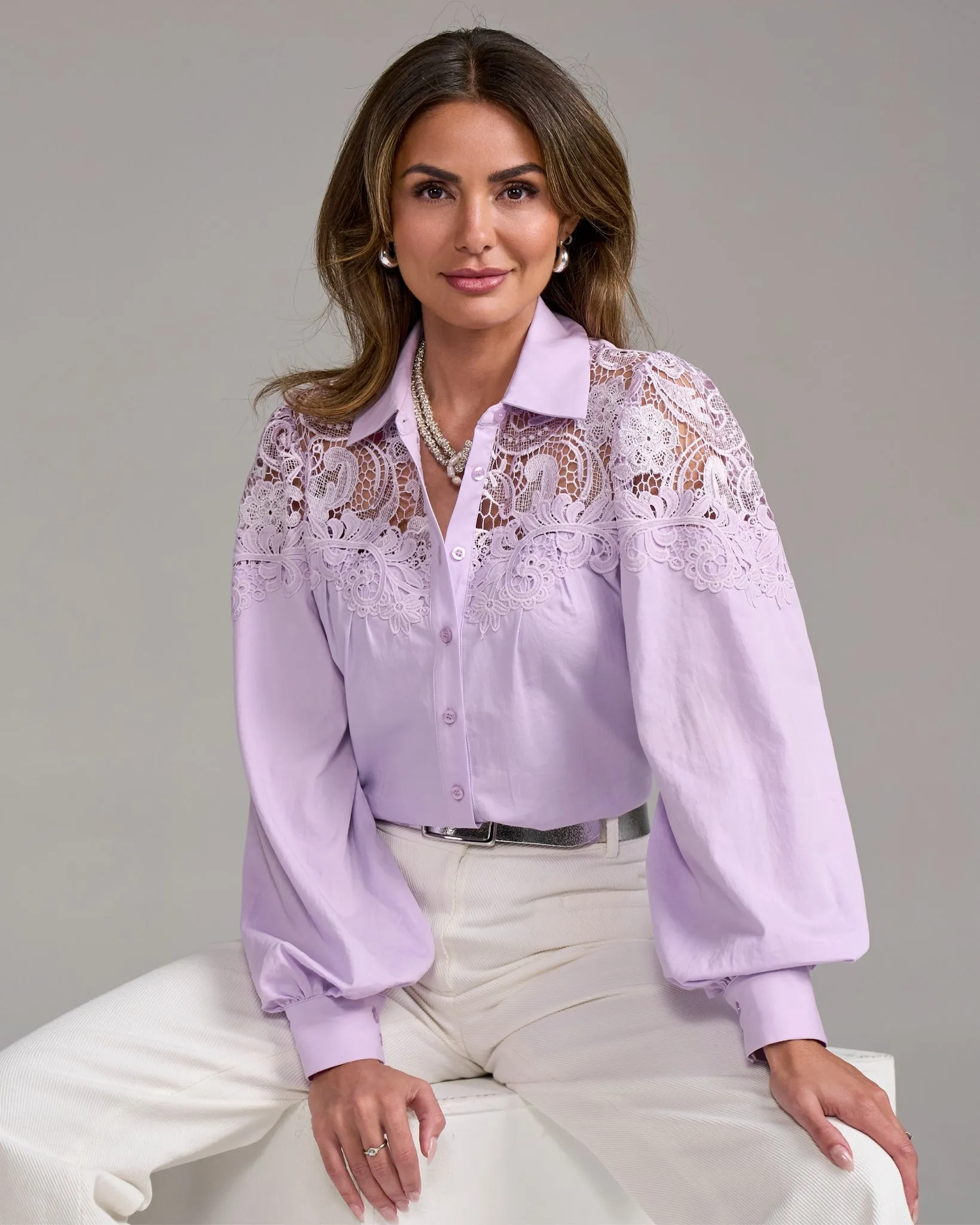 Lace Button Up Shirt Pastel Lilac sold by Boston Proper