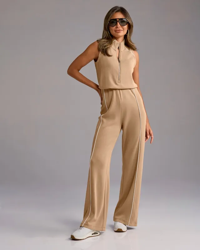 Luxe Lounge Piped Jumpsuit Sesame sold by Boston Proper
