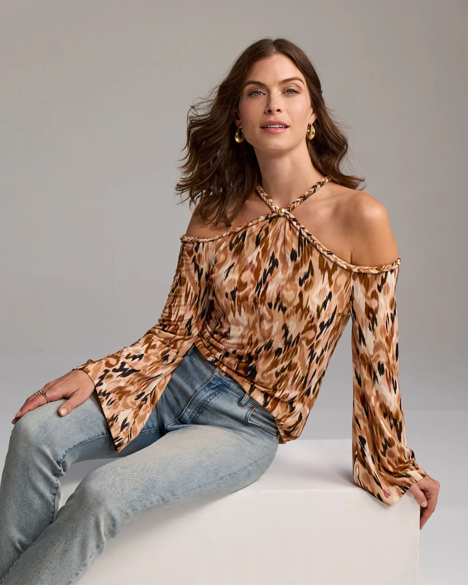 Printed Braided Detail Knit Top Animal Ikat sold by Boston Proper