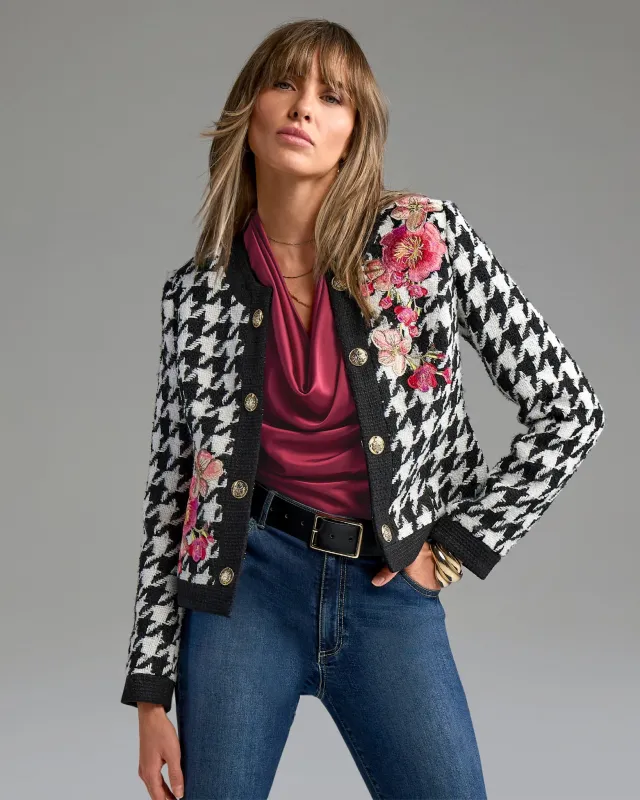 Houndstooth Tweed Jacket with Floral Embroidery Black/White sold by Boston Proper