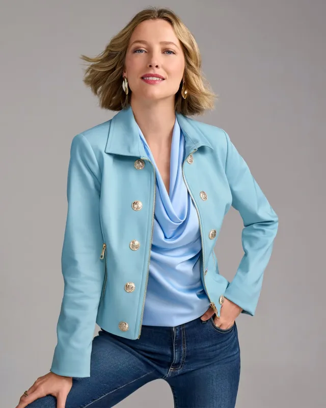 Modern Zip Front Crest Button Jacket Blue Cloud sold by Boston Proper