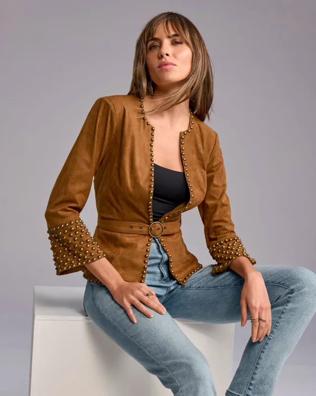 Studded Faux Suede Belted Jacket Cognac sold by Boston Proper