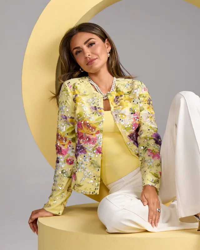Floral Embroidered Sequin Jacket Pale Banana Multi sold by Boston Proper
