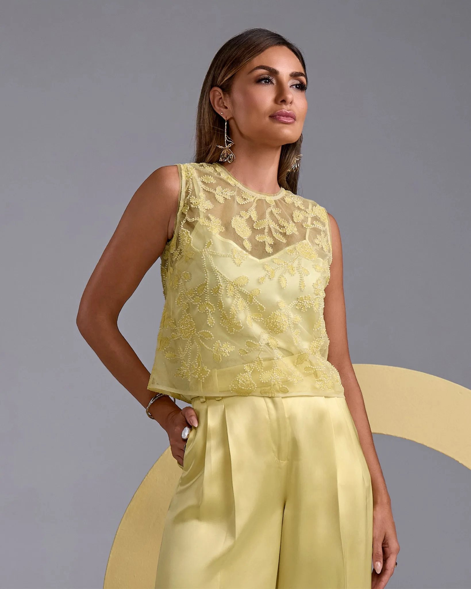 Floral Embellished Mesh Woven Top Pale Banana sold by Boston Proper