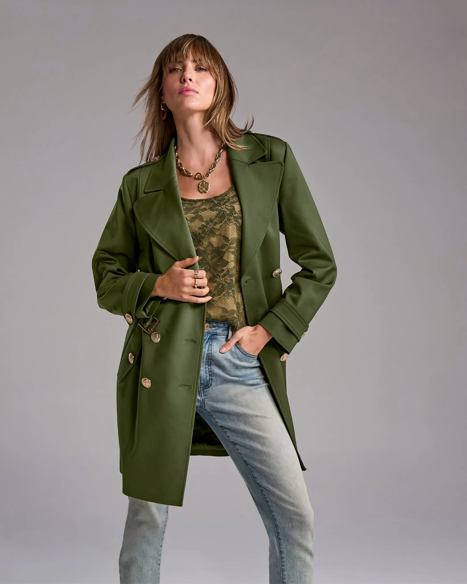 Modern Belted Mid Length Trench Olive Night sold by Boston Proper