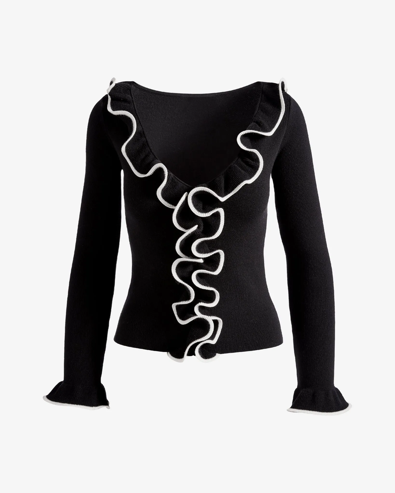 V-Neck Tipped Ruffle Sweater Top Black/White sold by Boston Proper product image thumbnail 2