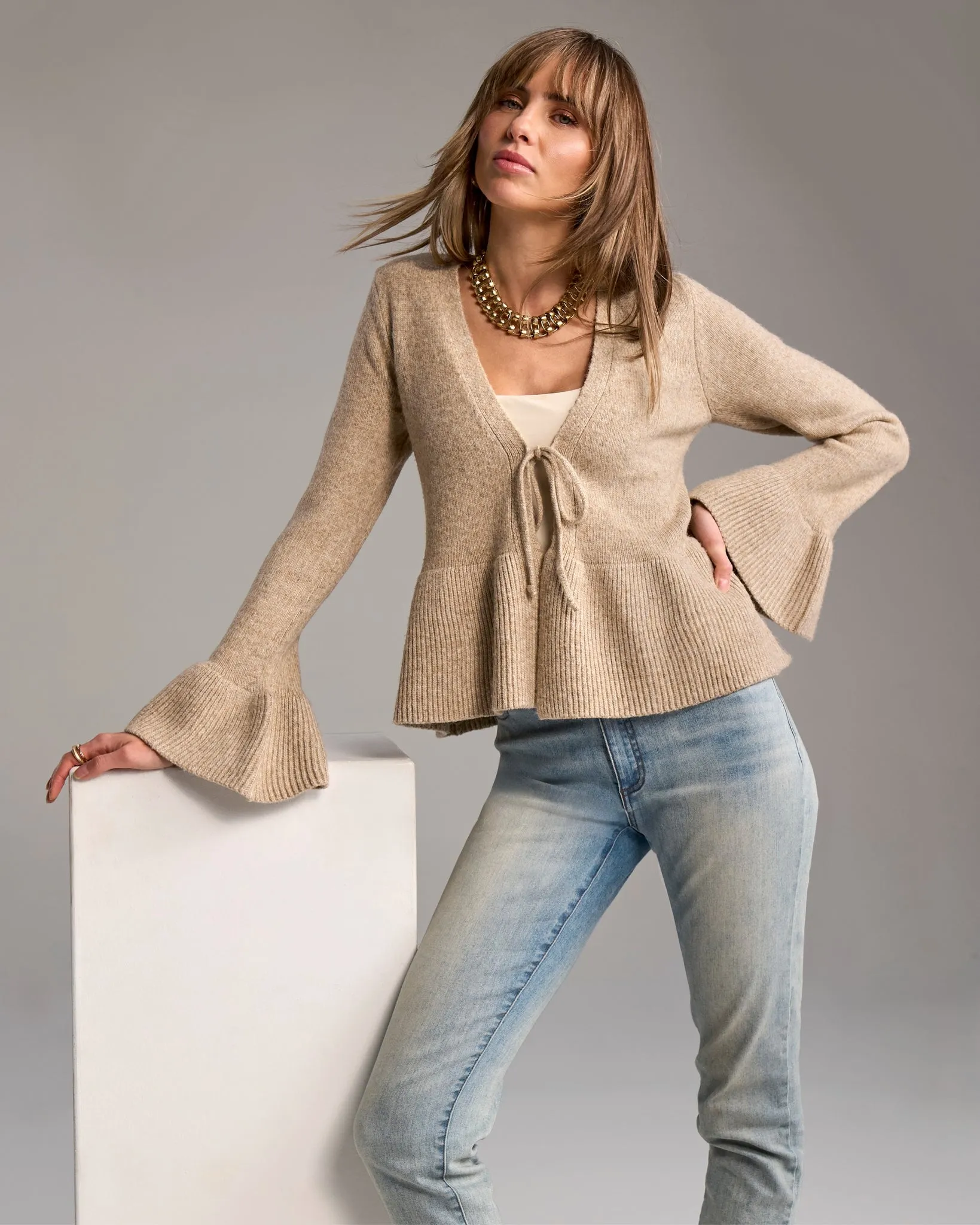 Flare Sleeve Tie Front Cardigan Sesame sold by Boston Proper