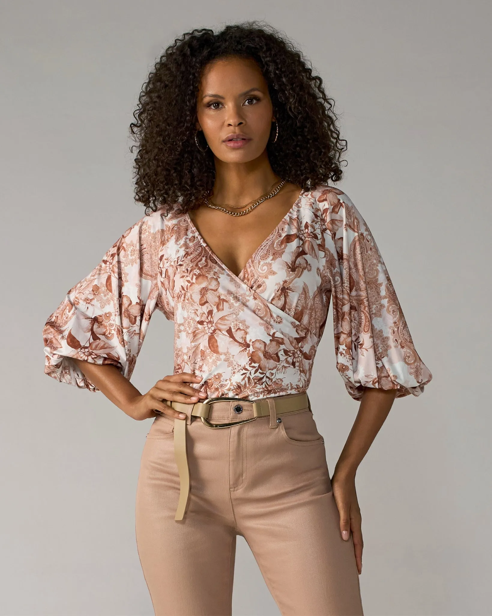 So Chic Printed Surplice Knit Top Paisley Fleur sold by Boston Proper