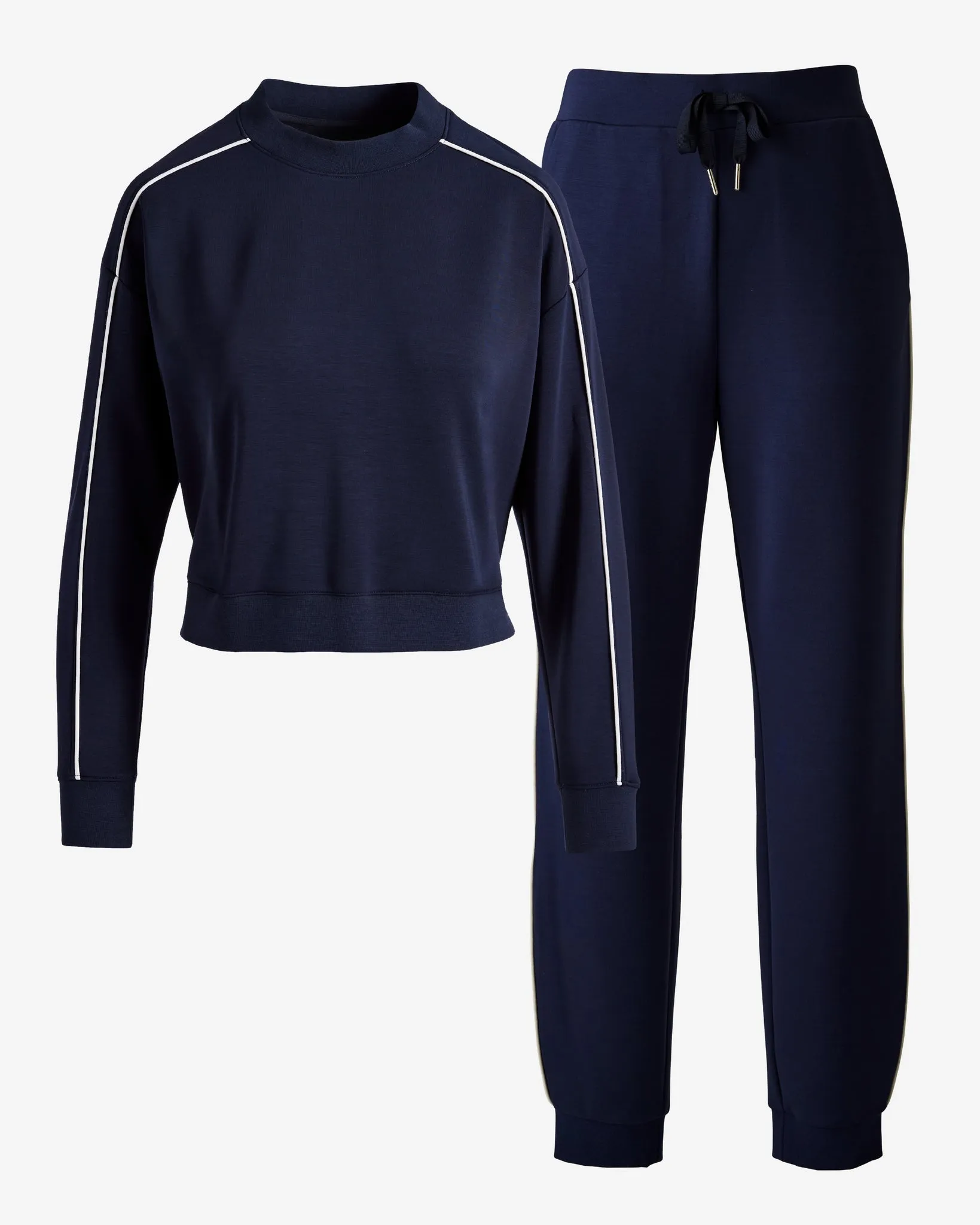 Luxe Lounge Piped Crew Neck and Jogger Set Navy Blue sold by Boston Proper product image thumbnail 2