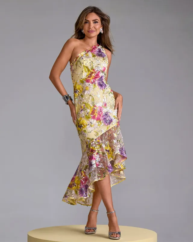 One Shoulder Sequin Mesh Sheath Dress Pale Banana Multi sold by Boston Proper