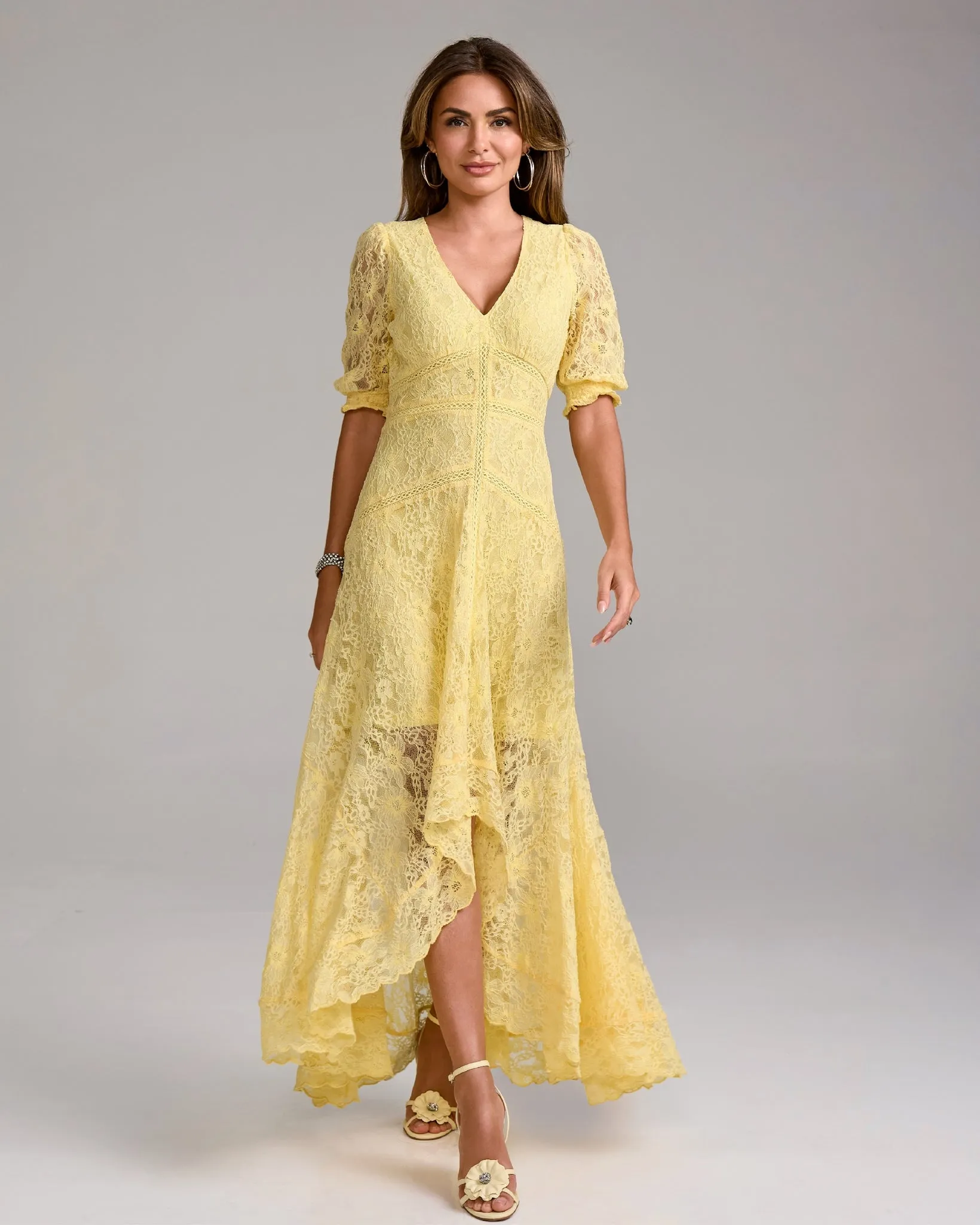 Lace High Low Puff Sleeve Maxi Dress Yellow sold by Boston Proper
