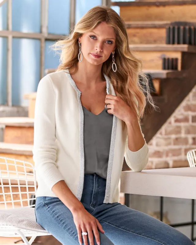 Rhinestone Trim Cardigan Off White sold by Boston Proper