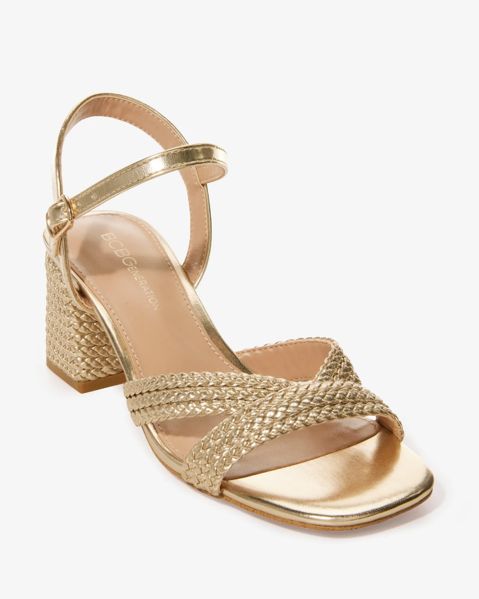 Braided Metallic Ankle Strap Block Heel Gold sold by Boston Proper