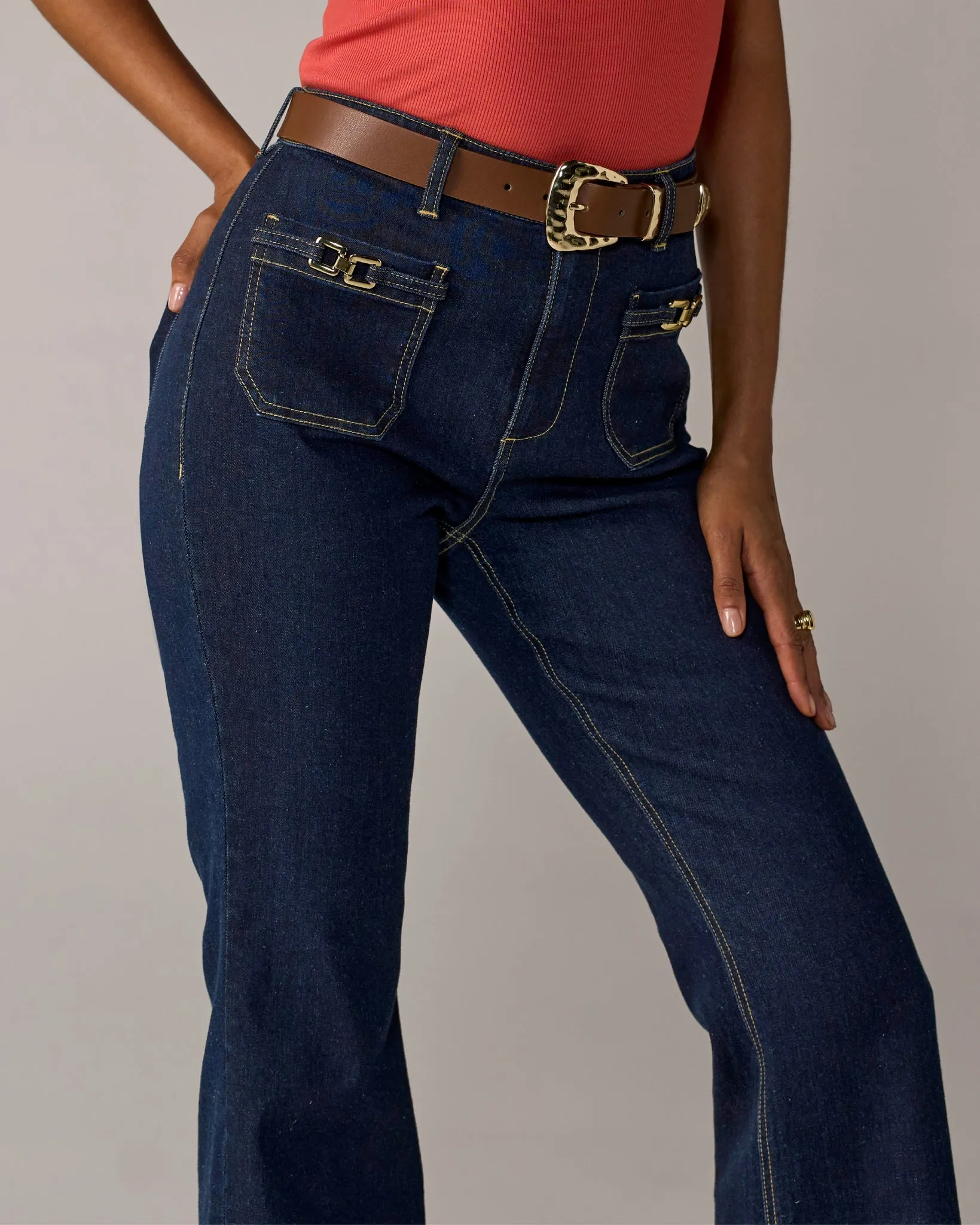 Buckle Front Pocket Detail Jean Dark Wash Denim sold by Boston Proper