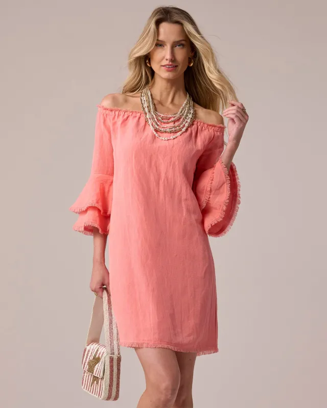 Linen Off The Shoulder Tiered Sleeve Shift Dress Hibiscus made by Boston Proper