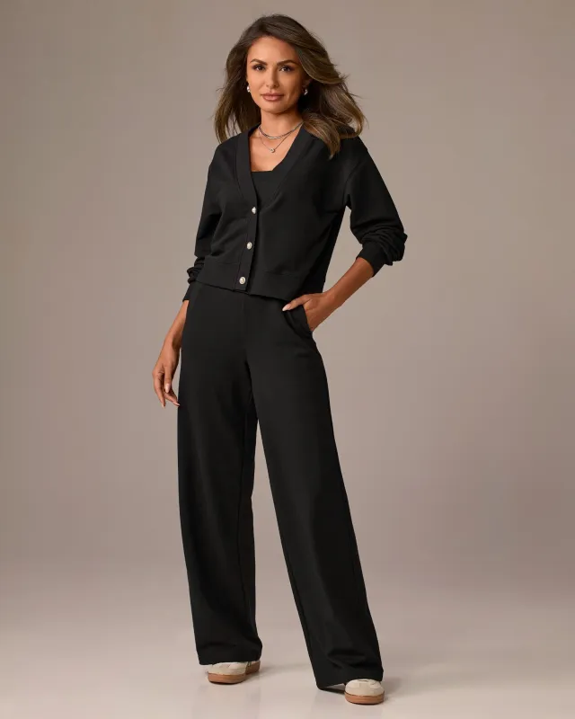 French Terry Cardigan and Pant Set Black made by Boston Proper