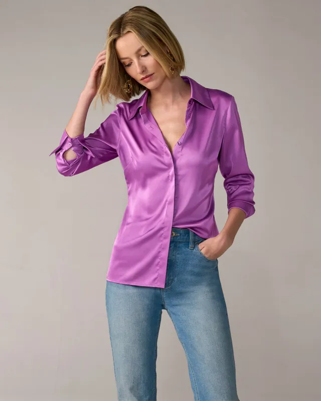 Sophia Button-Up Charmeuse Blouse Purple Cactus Flower made by Boston Proper