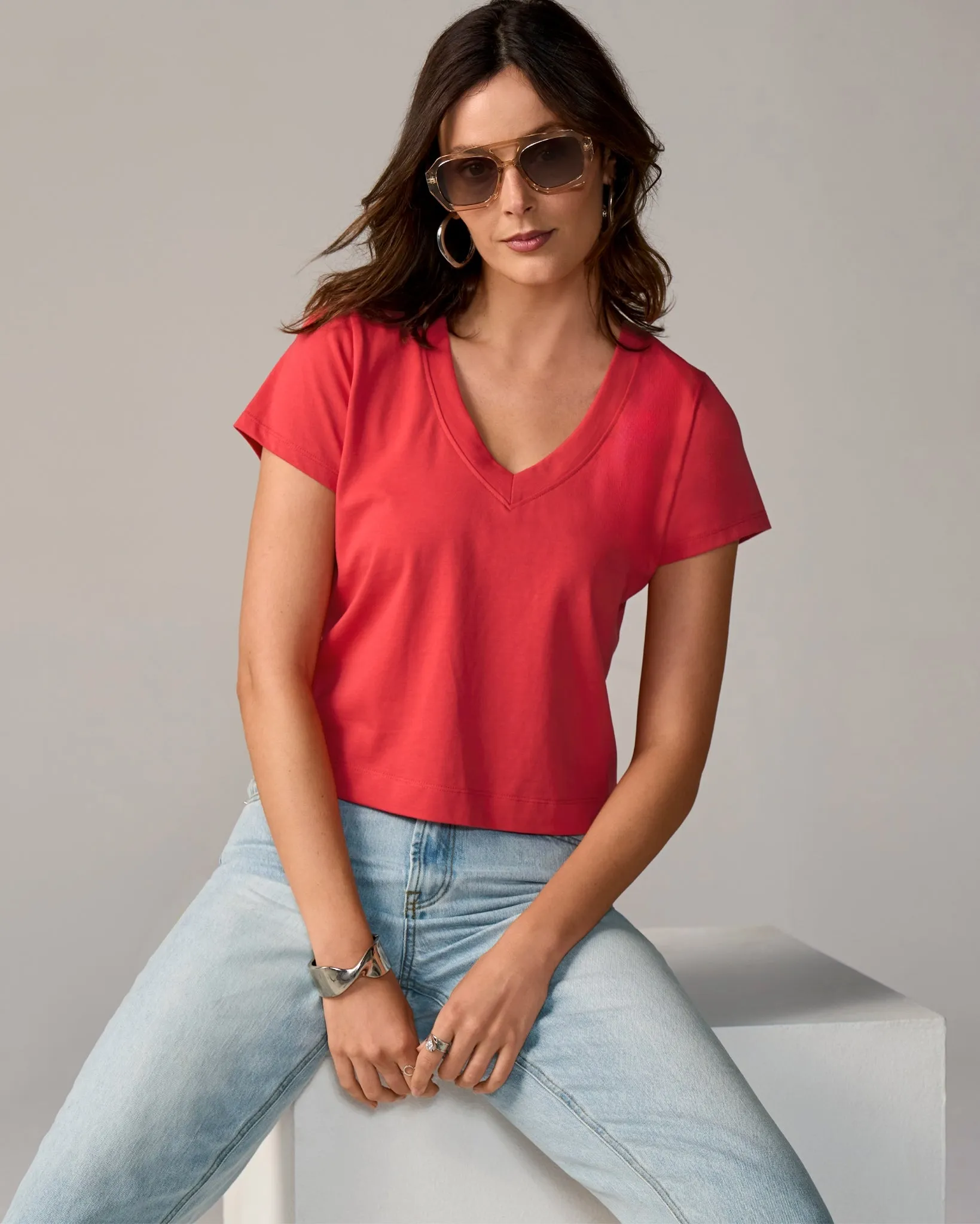 Cotton V Neck Short Sleeve Tee Hibiscus sold by Boston Proper