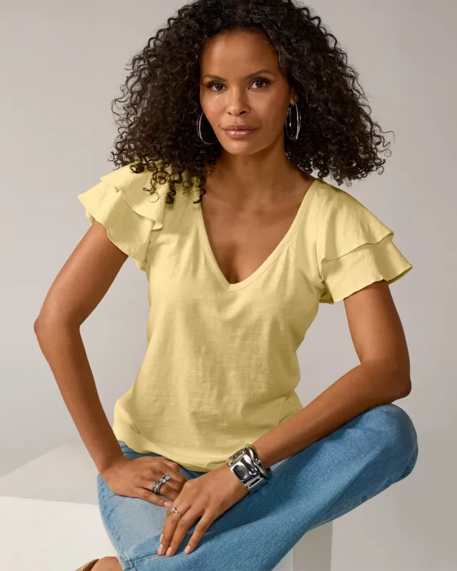 Slub Ruffled Sleeve Tee Pale Banana sold by Boston Proper