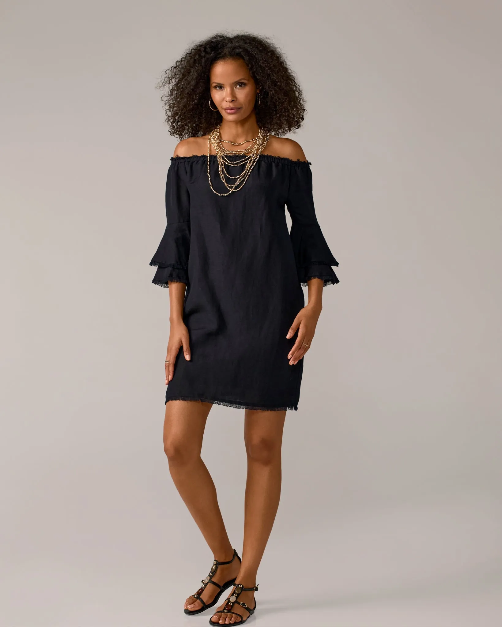 Linen Off The Shoulder Tiered Sleeve Shift Dress Black sold by Boston Proper