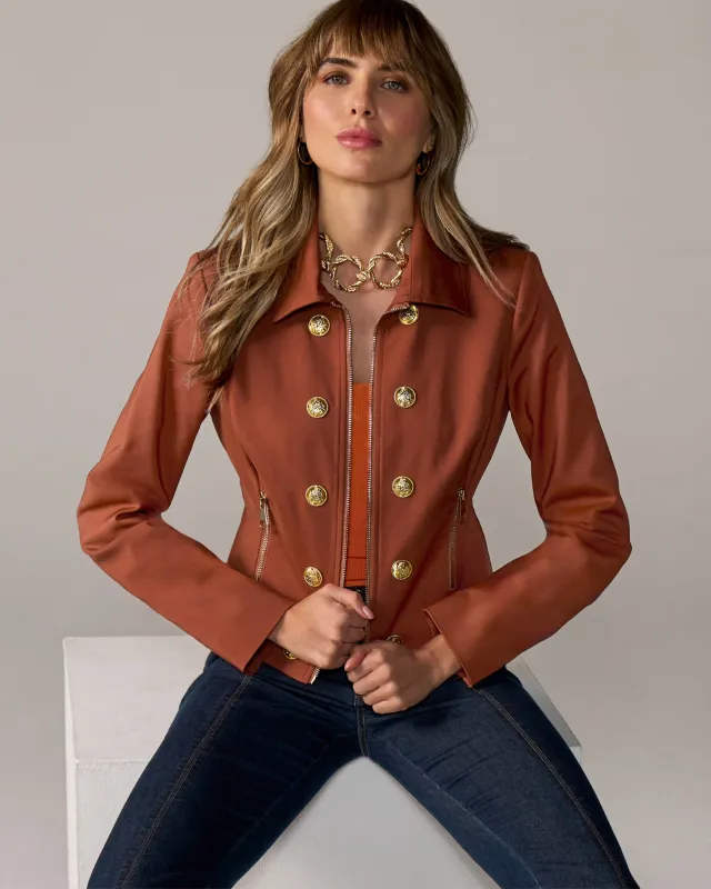 Modern Zip Front Crest Button Jacket Paprika made by Boston Proper