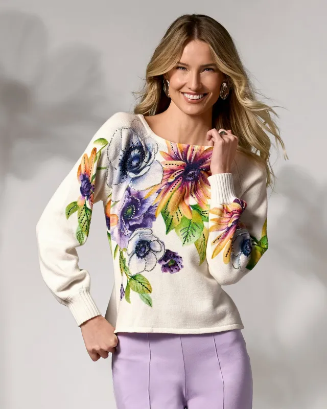 Printed Embellished Boatneck Sweater Violet Dreams made by Boston Proper