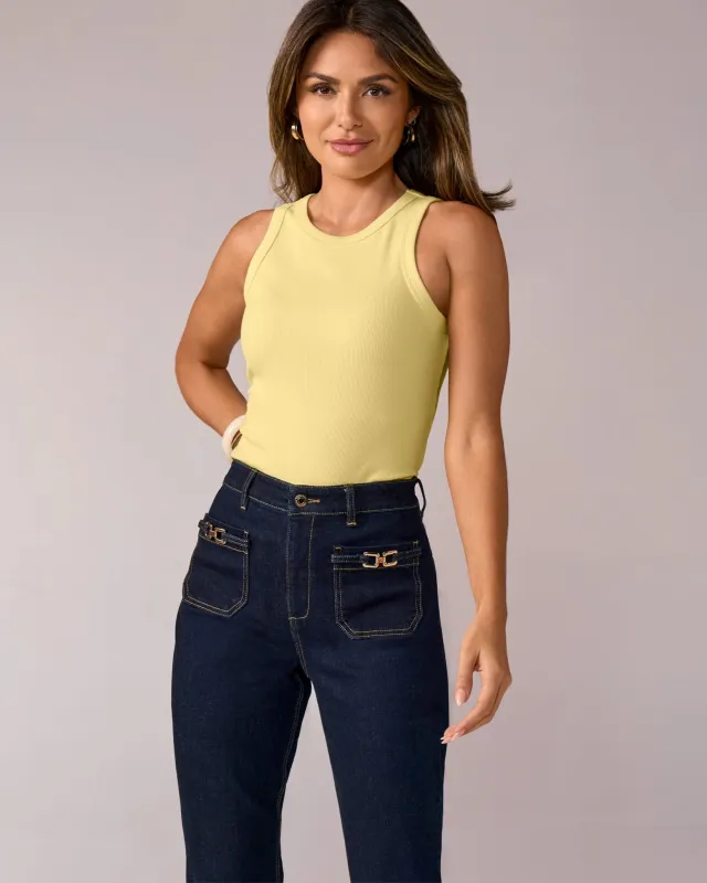 So Essential Ribbed High Neck Top Pale Banana made by Boston Proper