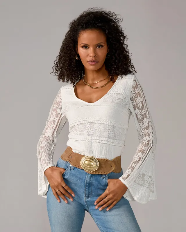 Flared Sleeve Lace Knit Top Pure White made by Boston Proper