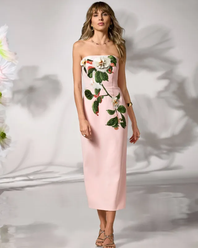 Strapless Placed Floral Applique Crepe Midi Dress Pink Multi sold by Boston Proper
