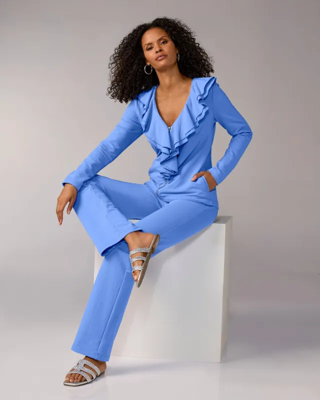 Ruffle Jacket and Pant Set Hydrangea Blue sold by Boston Proper