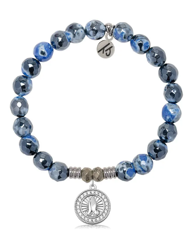 Denim Blue Agate Gemstone Bracelet with Prayers CZ Sterling Silver Charm sold by Boston Proper