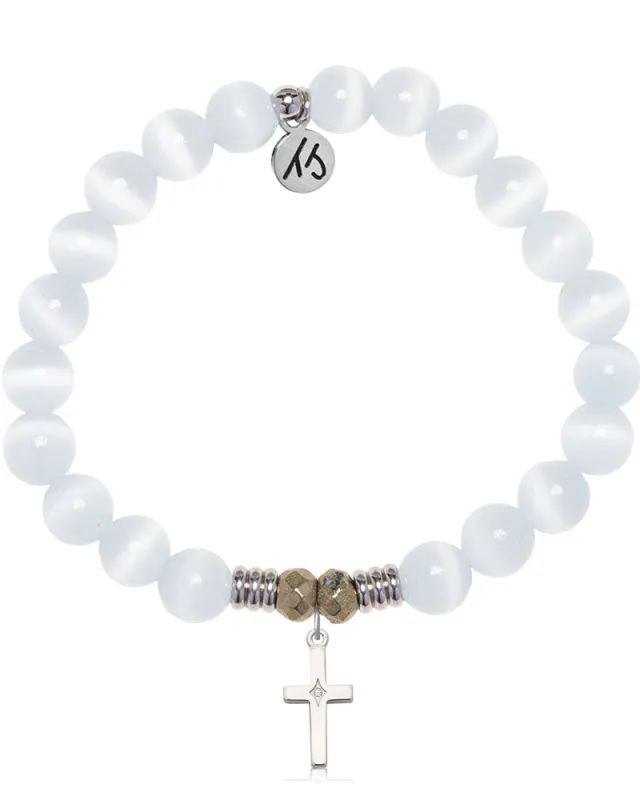 White Cats Eye Gemstone Bracelet with Cross CZ Sterling Silver Charm made by Boston Proper