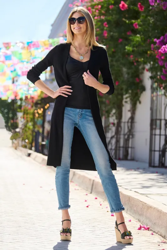 Rib Long Cardigan Sweater Black made by Boston Proper