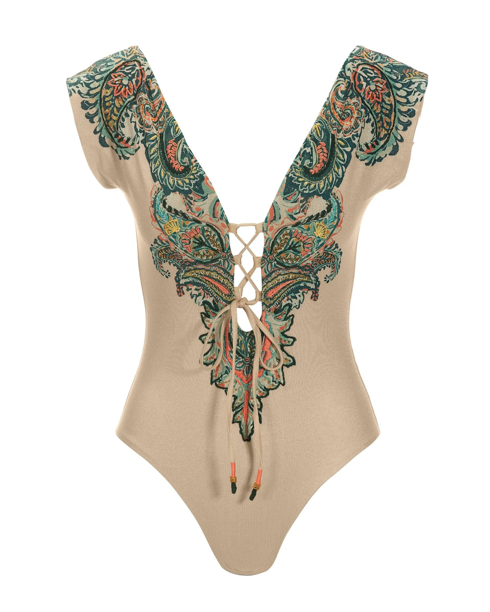 Paisley Embroidered Lace-Up Plunge One-Piece Swimsuit Ivory Multi sold by Boston Proper product image thumbnail 2