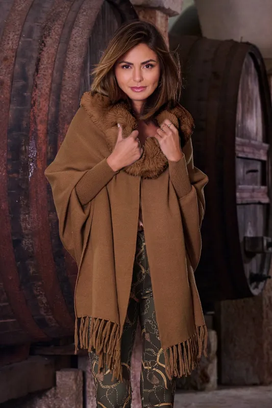 Fur Collar Fringe Poncho Cognac sold by Boston Proper