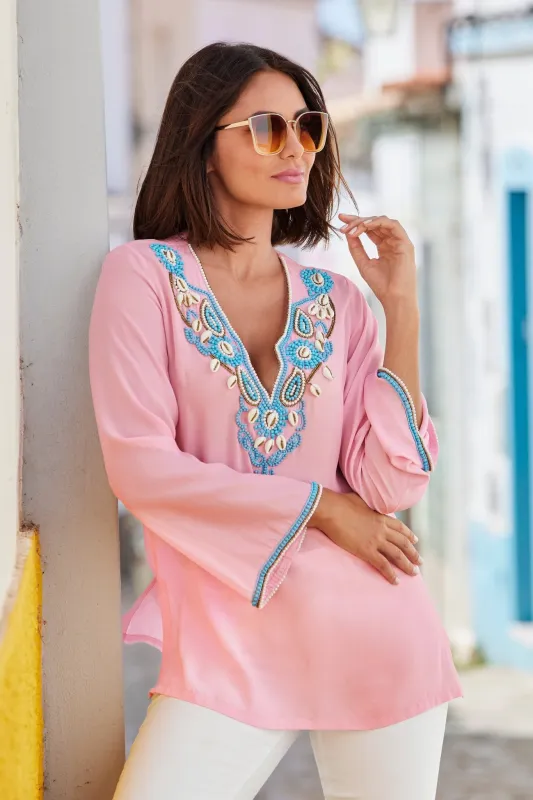 Shell Embellished V-Neck Tunic Top Almond Blossom sold by Boston Proper