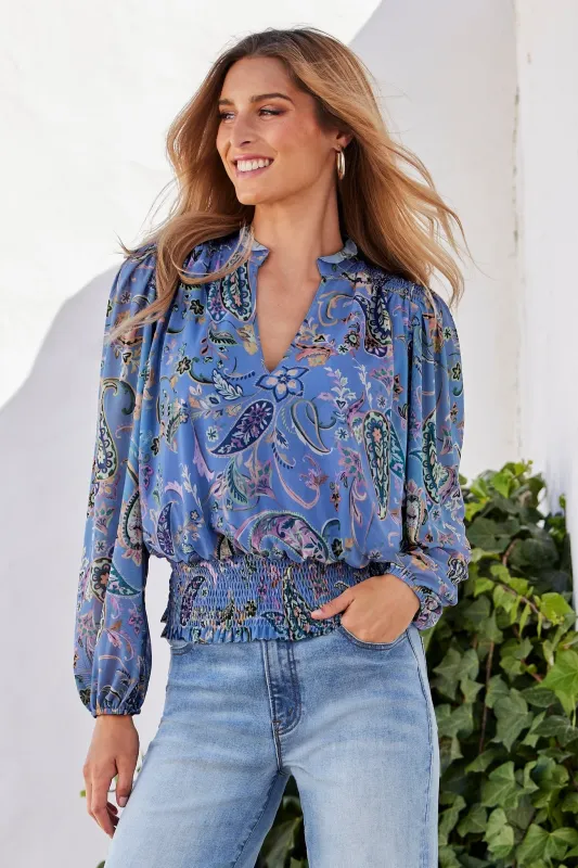 Chic Paisley Mesh Smocked Blouson Knit Top Blue Multi made by Boston Proper