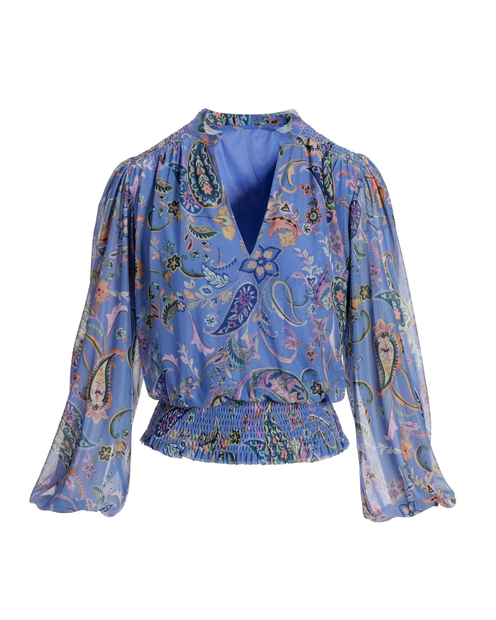 Chic Paisley Mesh Smocked Blouson Knit Top Blue Multi sold by Boston Proper product image thumbnail 2